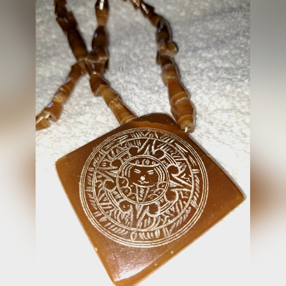 Vintage 1970's Druzy Carnelian beaded necklace with Mayan calendar etching